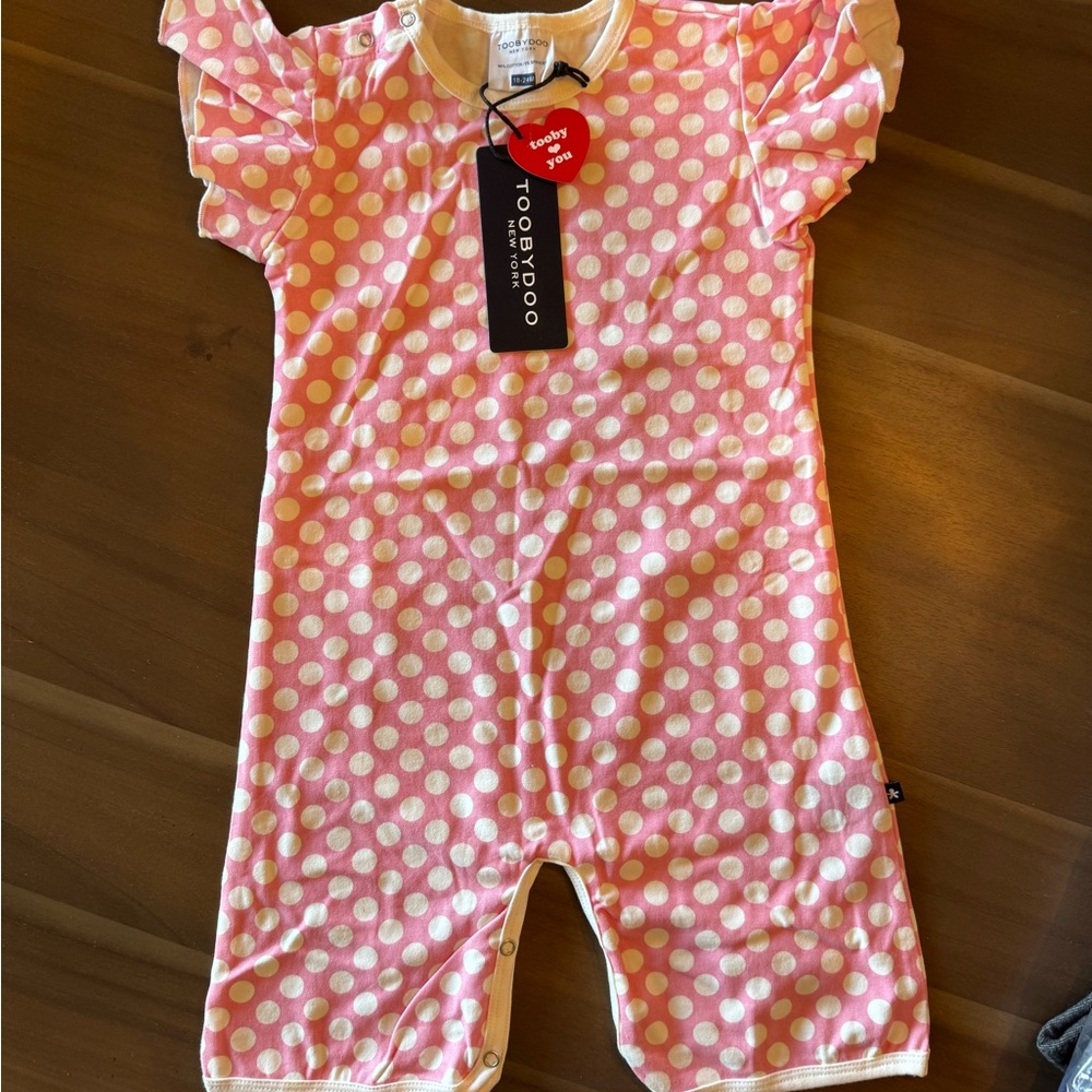 NWT Toobydoo Pink and White Polka Dot Bodysuit with Ruffled Sleeves
